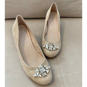 BCBG tan leather jeweled textured wedge heels size 8